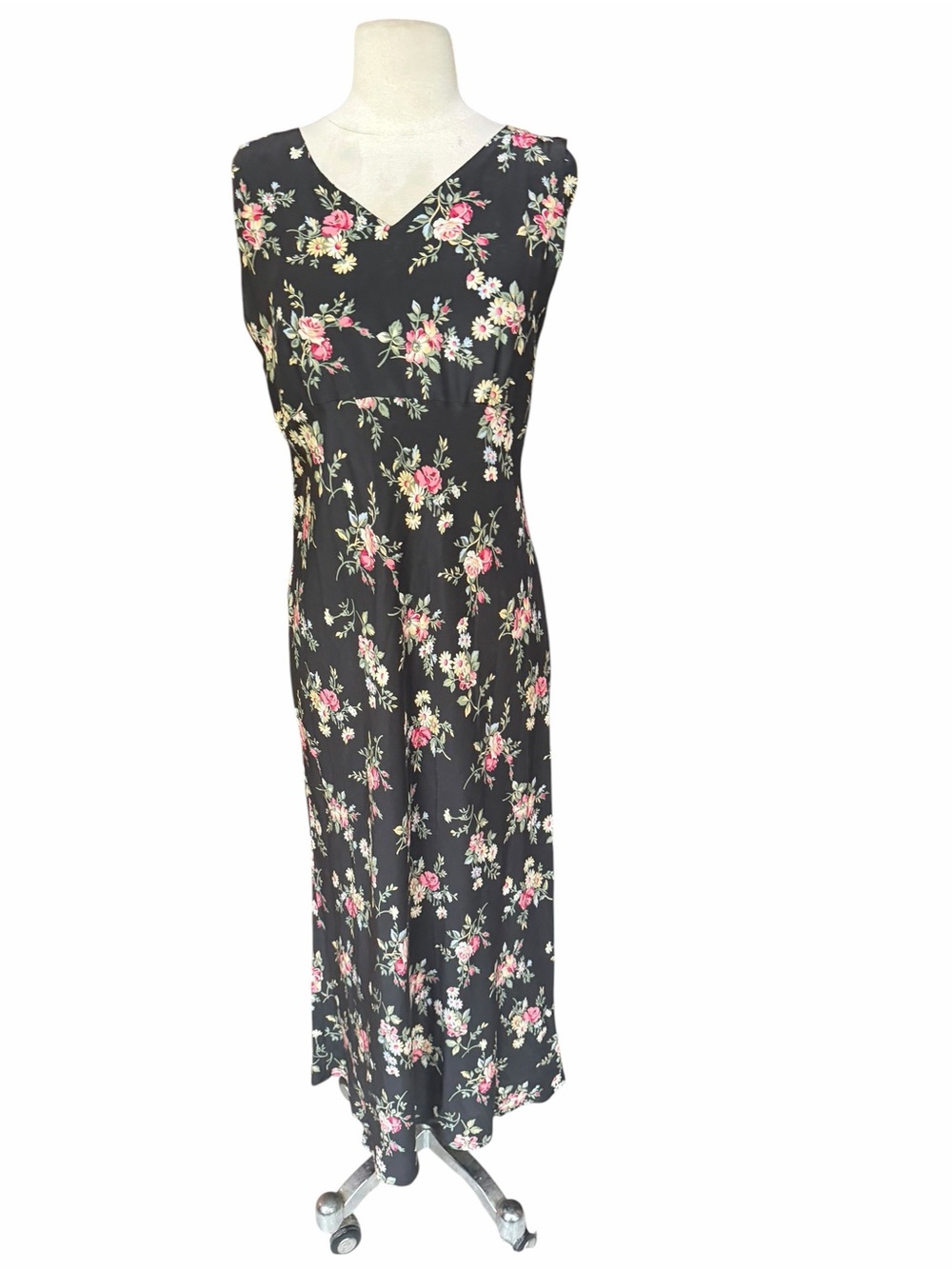 1990s Laura Ashley Rayon Challis Sleeveless Floral Maxi Dress